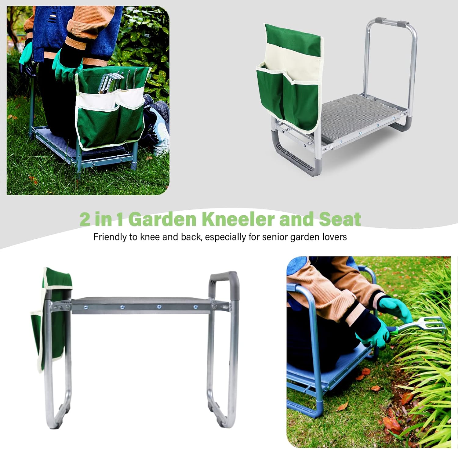 BESTHLS Garden Kneeler and Seat - Heavy Duty Folding Stool with Thick Pad, Tool Pouch, 330 lbs Capacity - Knee & Back Support, Perfect for Seniors, Women, Men