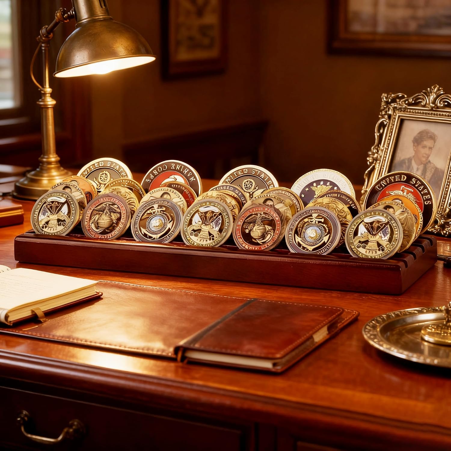 DisplayGifts Challenge Coin Display Stand 4 Row Wooden Holder Rack Case Holds 28 Coins Walnut Finish