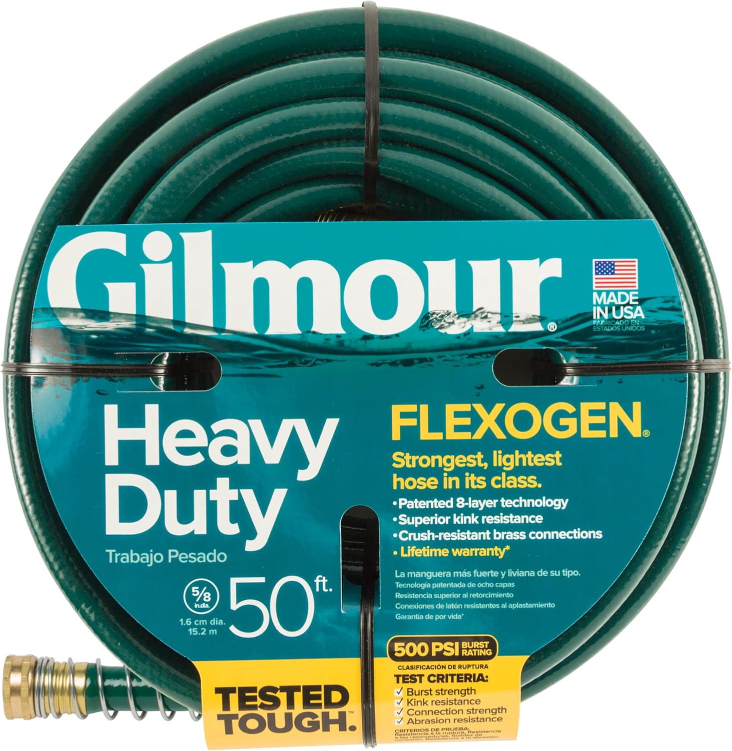 Gilmour 864751-1001 75ft Heavy Duty Flexogen Garden Hose, 5/8" Diameter | Heavy Duty Build, 500 PSI, Kink-Resistant Layers, Brass Fittings, All-Weather Durability, Made in USA