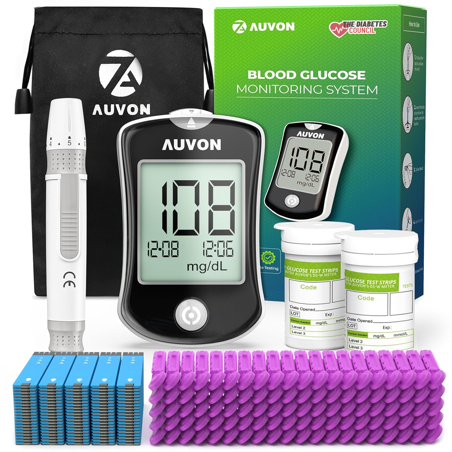 AUVON Blood Glucose Monitor Kit for Accurate Test, 50 Strips, No Coding