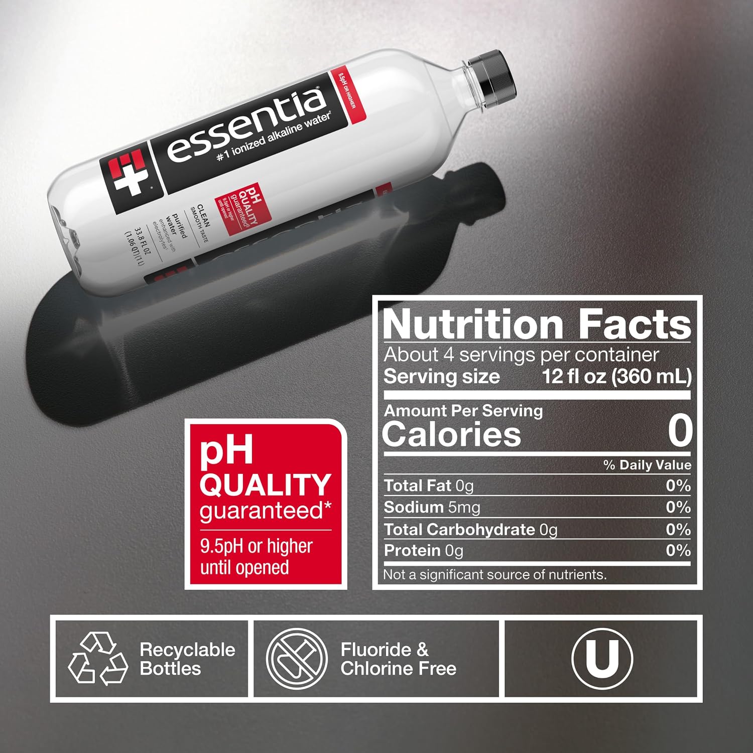 Essentia Water LLC, Ionized Alkaline Bottled Water; 99.9% Pure, Infused with Electrolytes, 9.5 pH or Higher a Clean, Smooth Taste, 20 Fl Oz (Pack of 24)