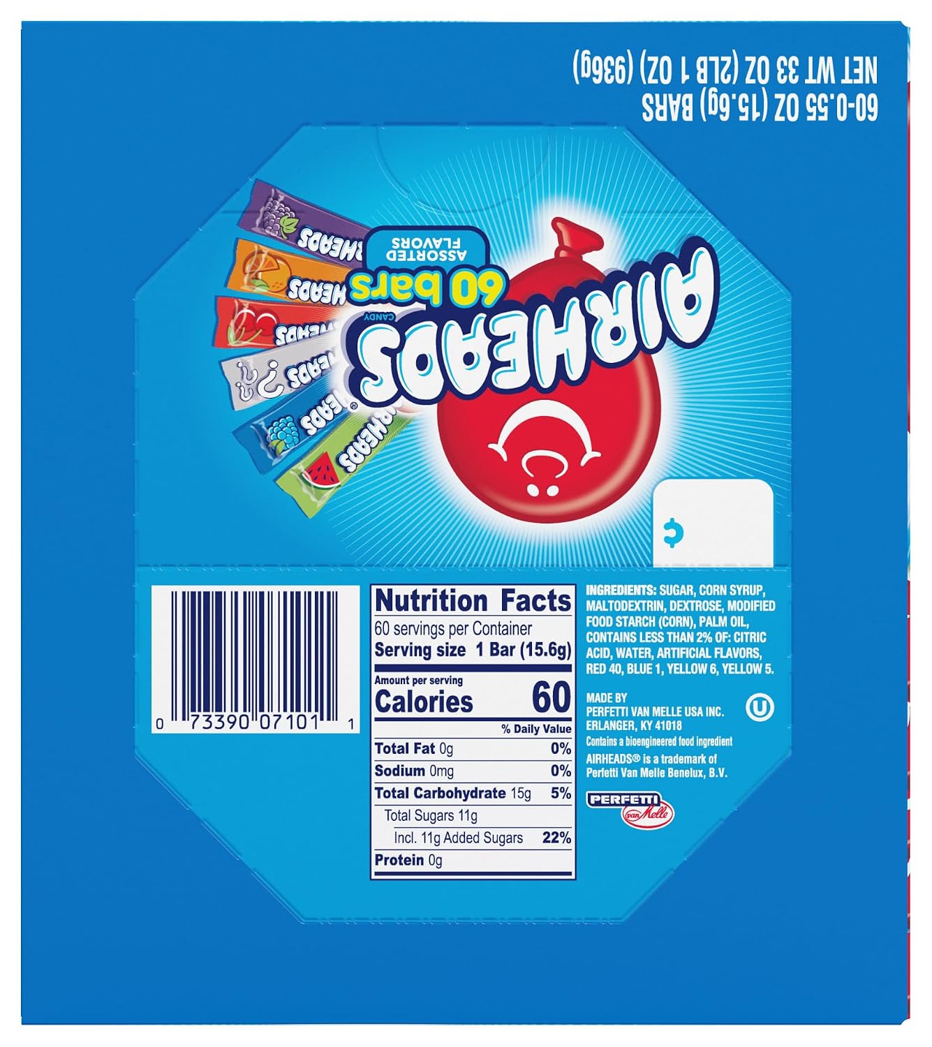Airheads Full-Size Candy Bars, Assorted Taffy Variety Pack, 60 Count Box | Individually Wrapped Bulk Candy, Six Assorted Fruit Flavors, Artificially Flavored