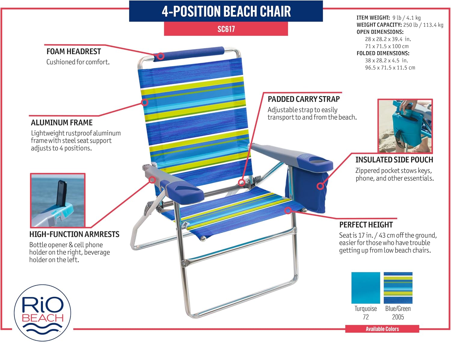 Rio Brands 17" Extended Height 4-Position Folding Beach, Camping, Lawn Chair, Blue/White/Green