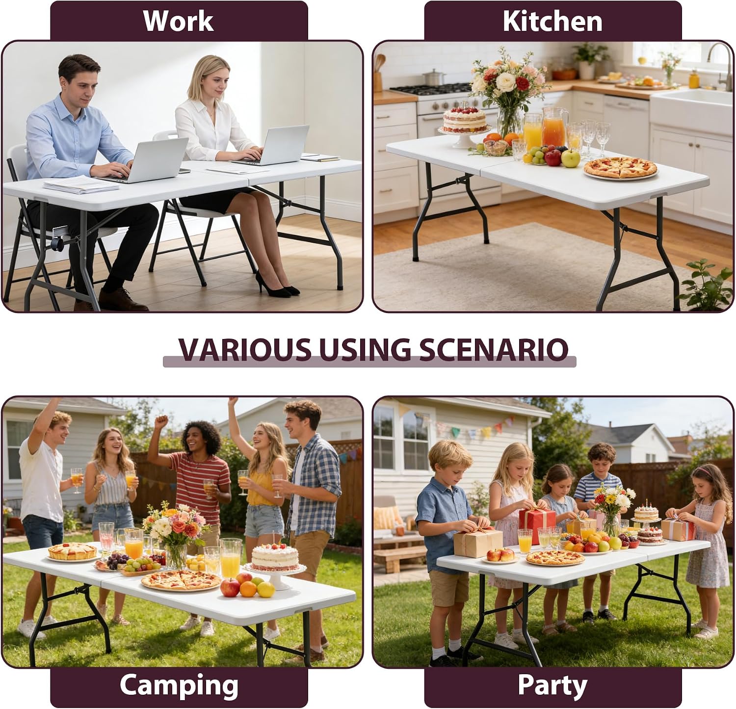 ZENY 6ft Folding Table, Portable Picnic Table, Plastic Table for Indoor Outdoor Picnic, Party, Camping, Heavy Duty Fold-up Table with Handle, White