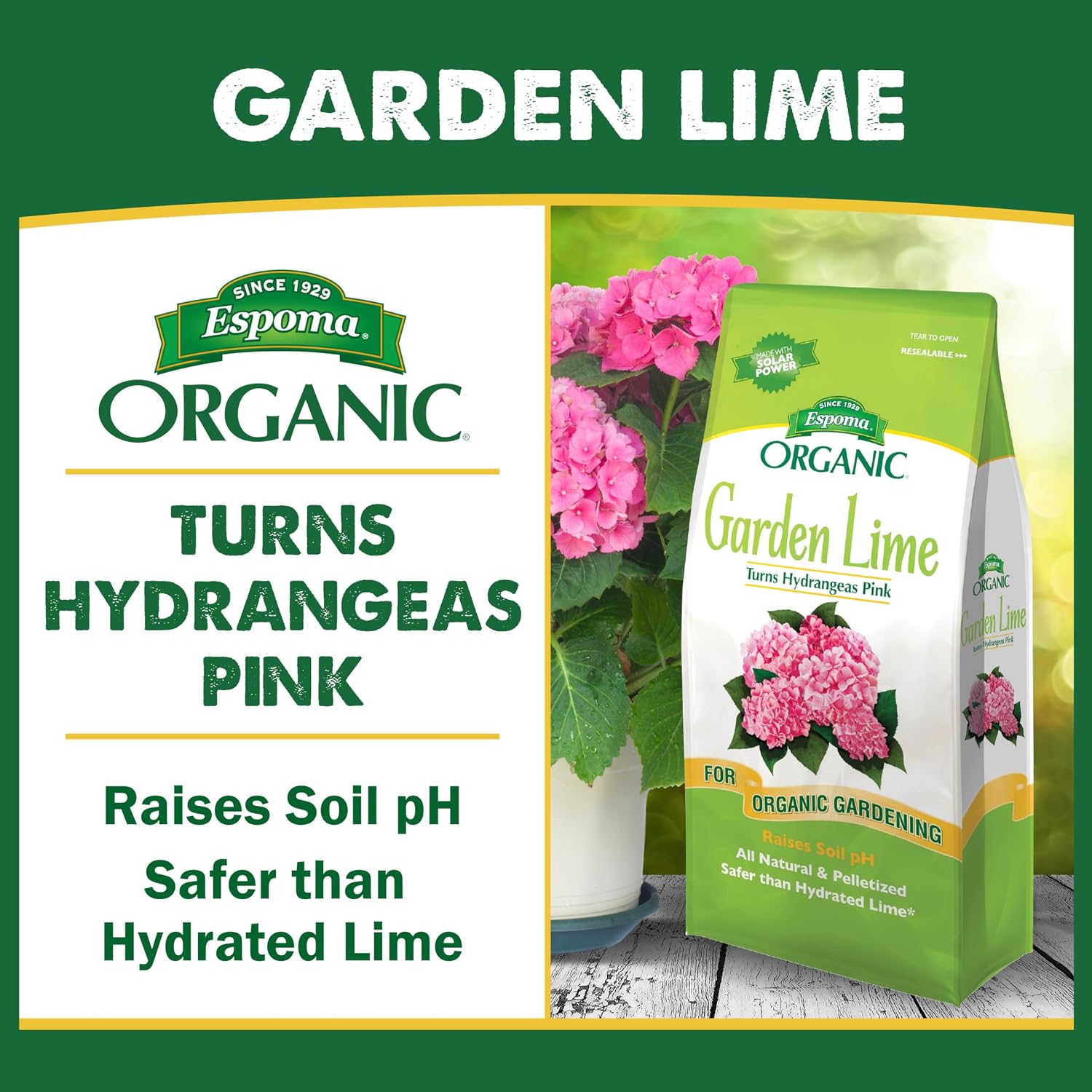Espoma Organic Garden Lime, Raises Soil pH and Helps Turn Hydrangeas Pink! Contains pelletized dolomitic Lime and can be Used for Organic Gardening