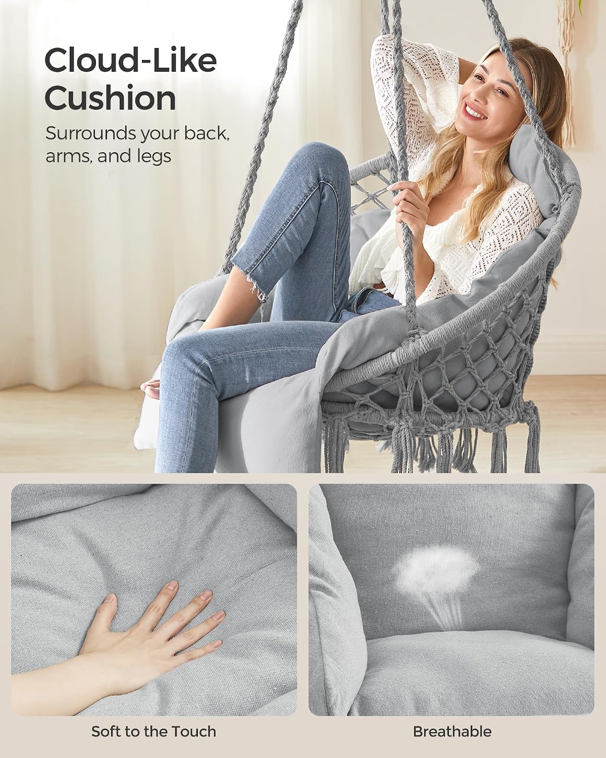 SONGMICS Hanging Chair, Boho Swing Chair with Large, Thick Cushion