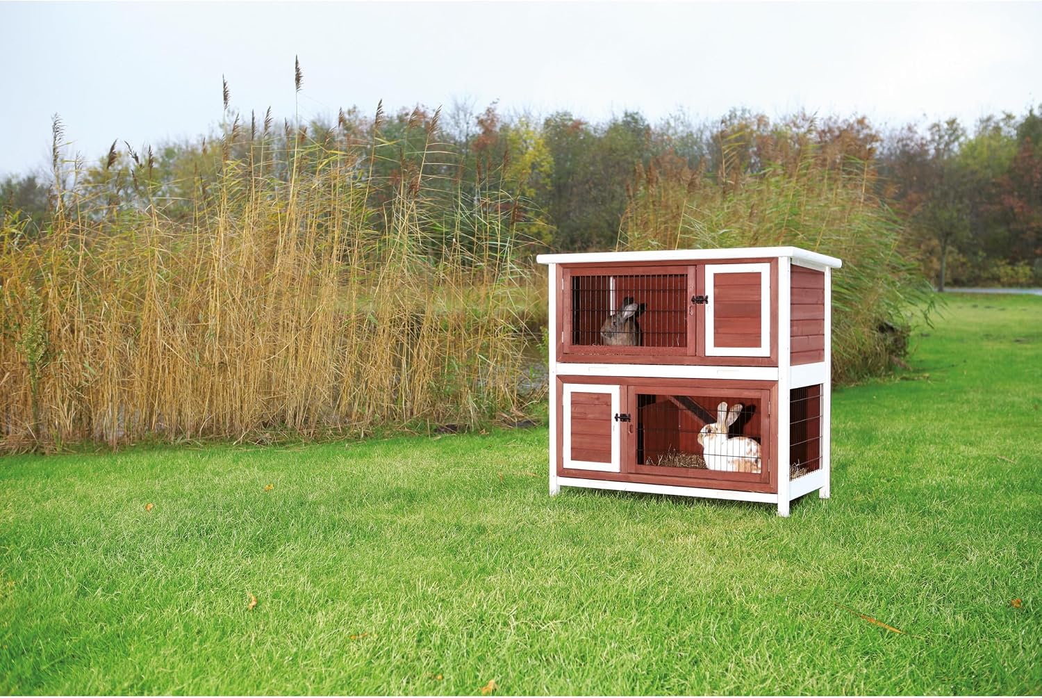 Trixie 2-Story Rabbit Hutch with Retreat Area, Non-Slip Ramp, Hinged Roof with Locking Arm, 4 Doors, 2 Metal Slide Latches, and Pull-Out Trays for Easy Cleaning