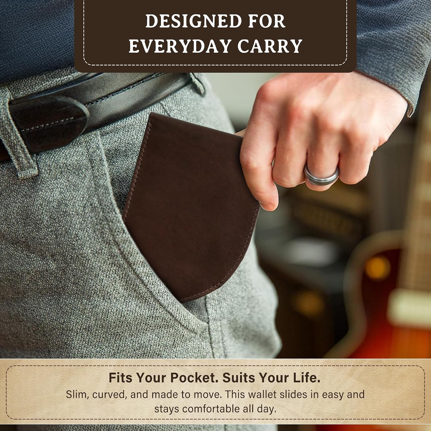Genuine Bison Leather Wallet for Men, RFID Slim, Brown | Genuine bison leather wallet for men with RFID blocking and curved front pocket fit. Rugged slim everyday carry, brown.