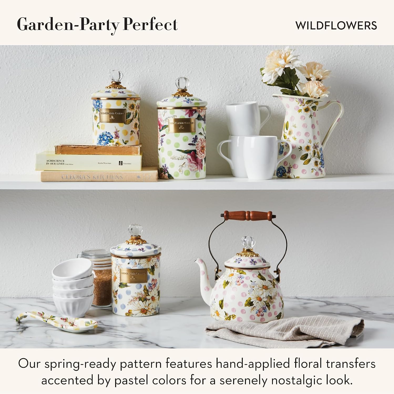 MACKENZIE-CHILDS Enamel Canister, Large, White Butterfly Garden | Hand-applied design, made from enameled steel, versatile kitchen storage container for flour and sugar, 64-ounce capacity