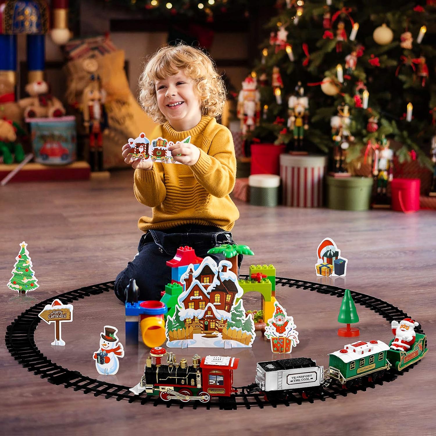 Toyvian Christmas Railway Train Set with 47.2" Railway Track & 4 Cars Lights and Sounds Railway