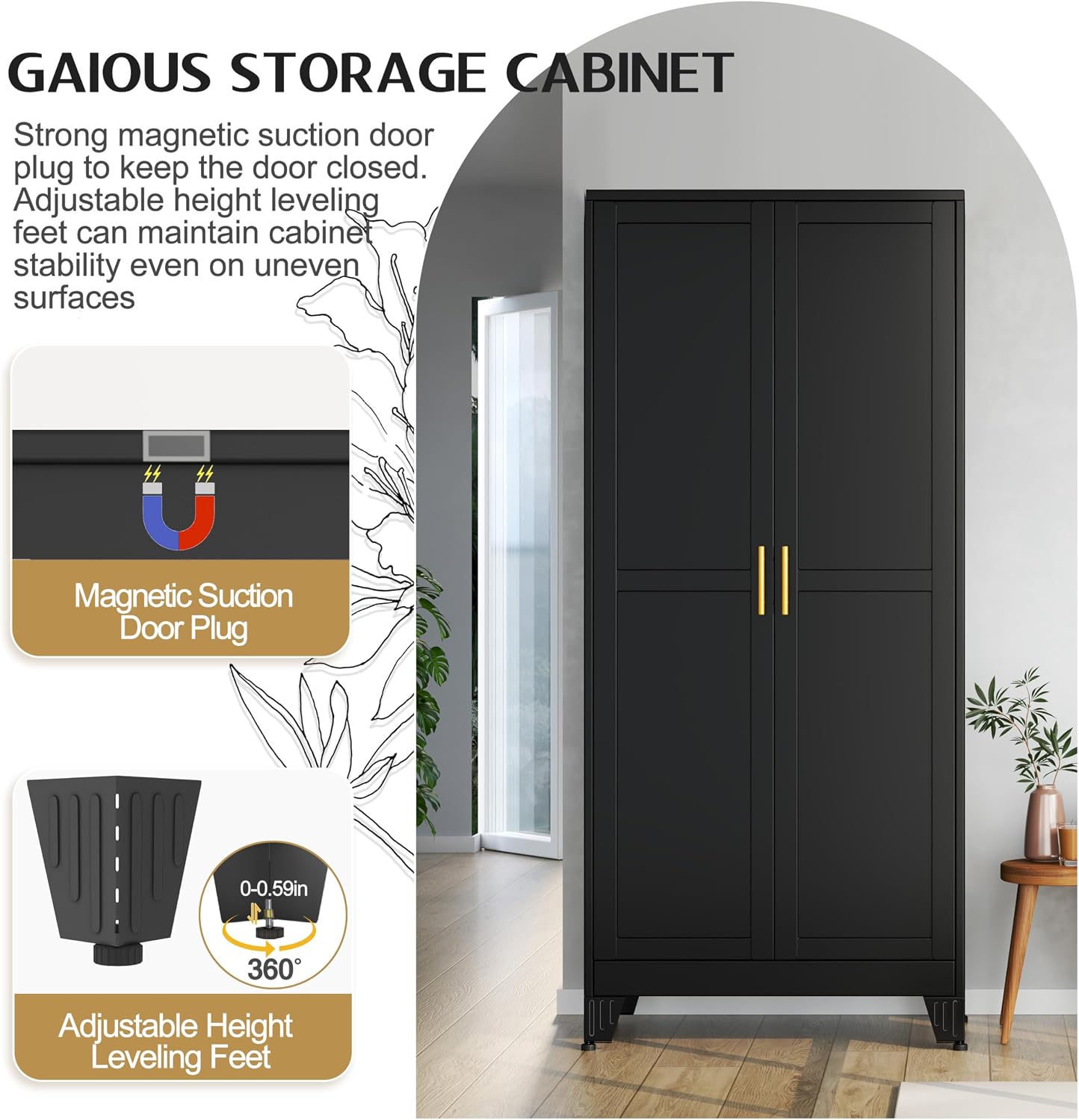 GAIOUS 75.2" Tall Metal Kitchen Pantry Storage Cabinets with 2 Door and 5 Adjustable Shelves, Cupboard for Kitchen, Dining Room, Living Room and Bathroom, White