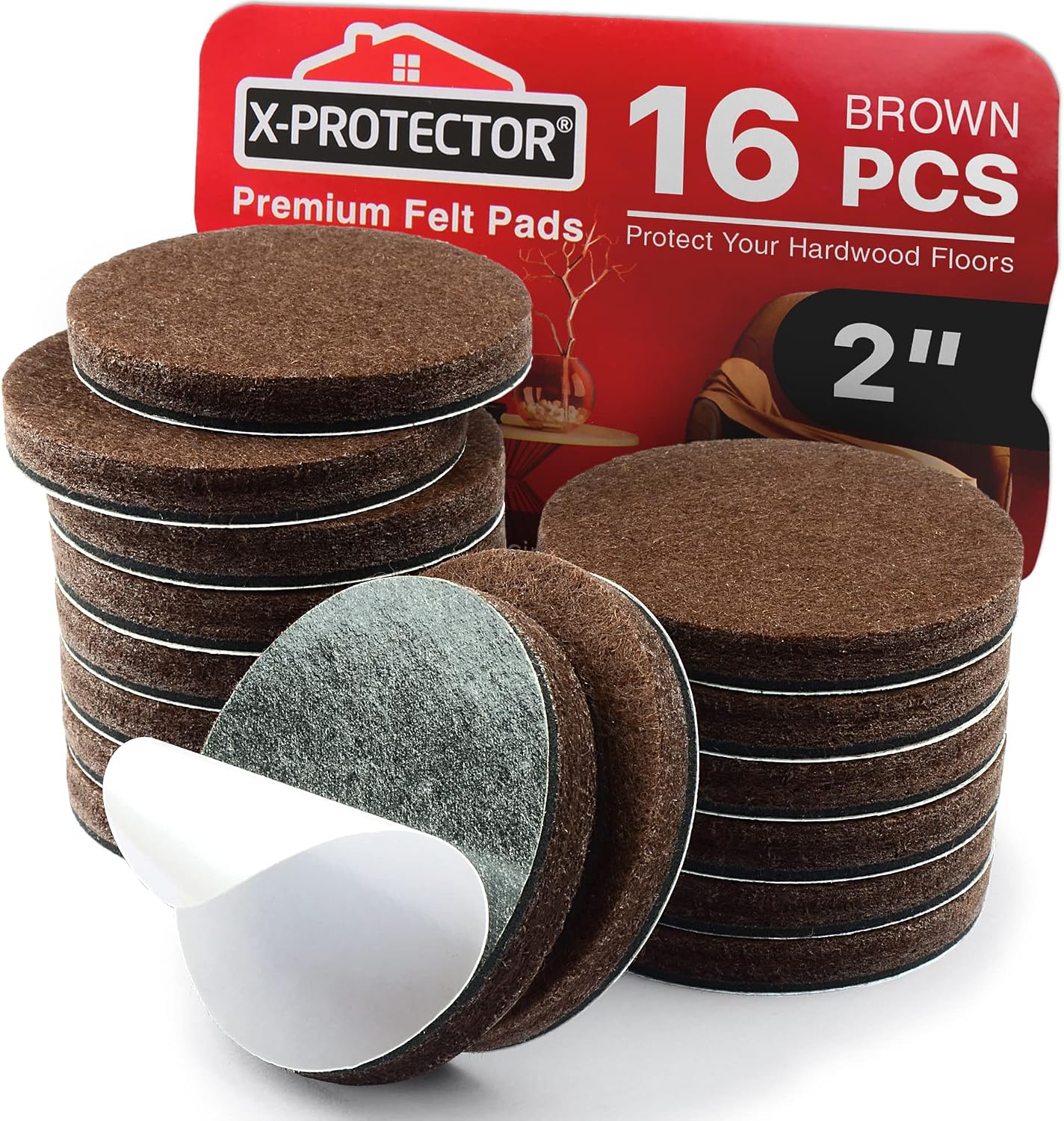 16 Heavy-Duty Felt Furniture Pads 2” 1/4” Thick X-Protector Round Felt Pads | for Furniture Feet - The Best Felt Floor Protectors for Furniture to Prevent Scratches. Protect Your Hard Floor! (Brown)