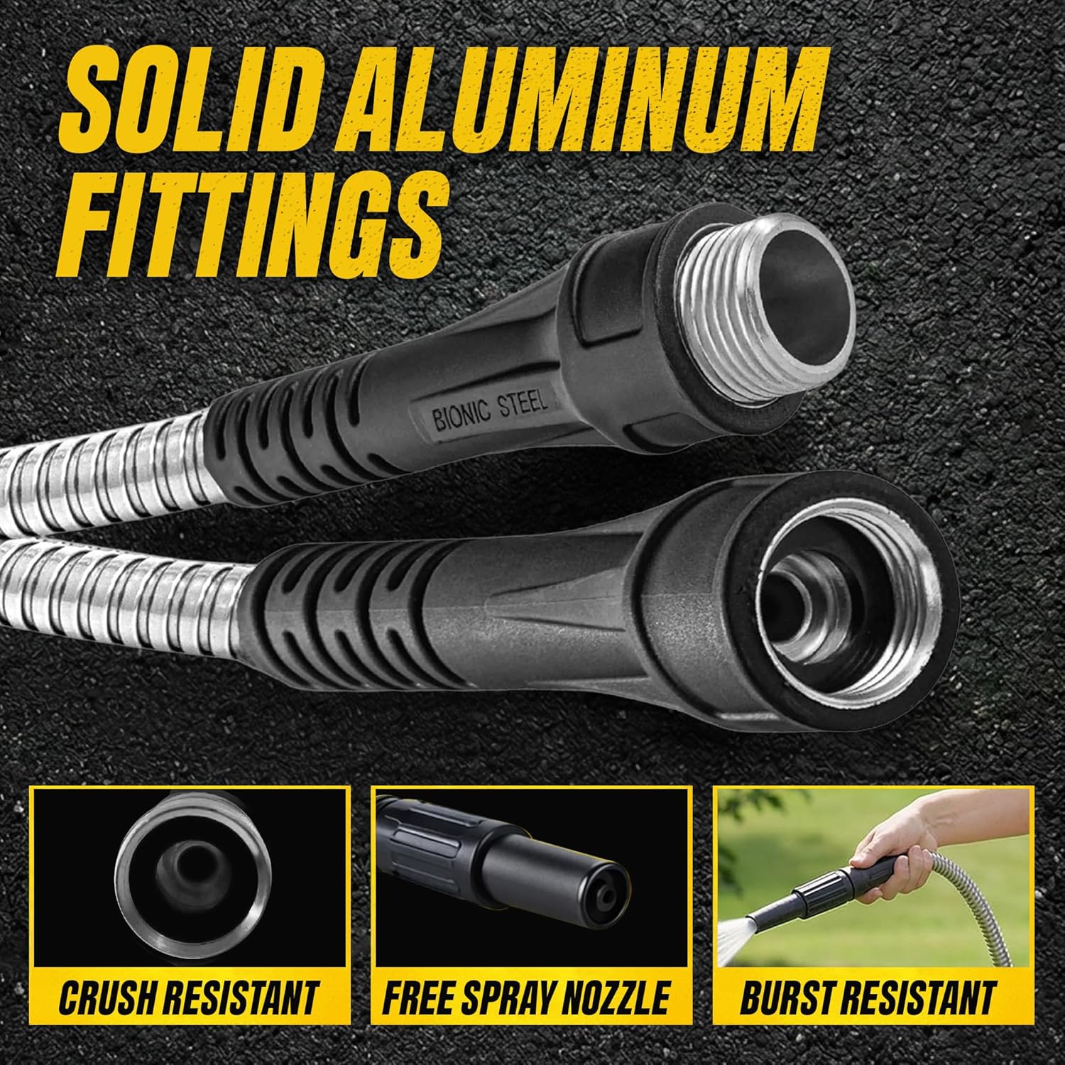BIONIC STEEL 50 Ft Metal Garden Hose with Sprayer Nozzle | Non Kinking Design, Stainless Steel Heavy Duty Water Hose 50Ft x 5/8 in. Flexible & NON Expandable for Water Flow, 500 PSI