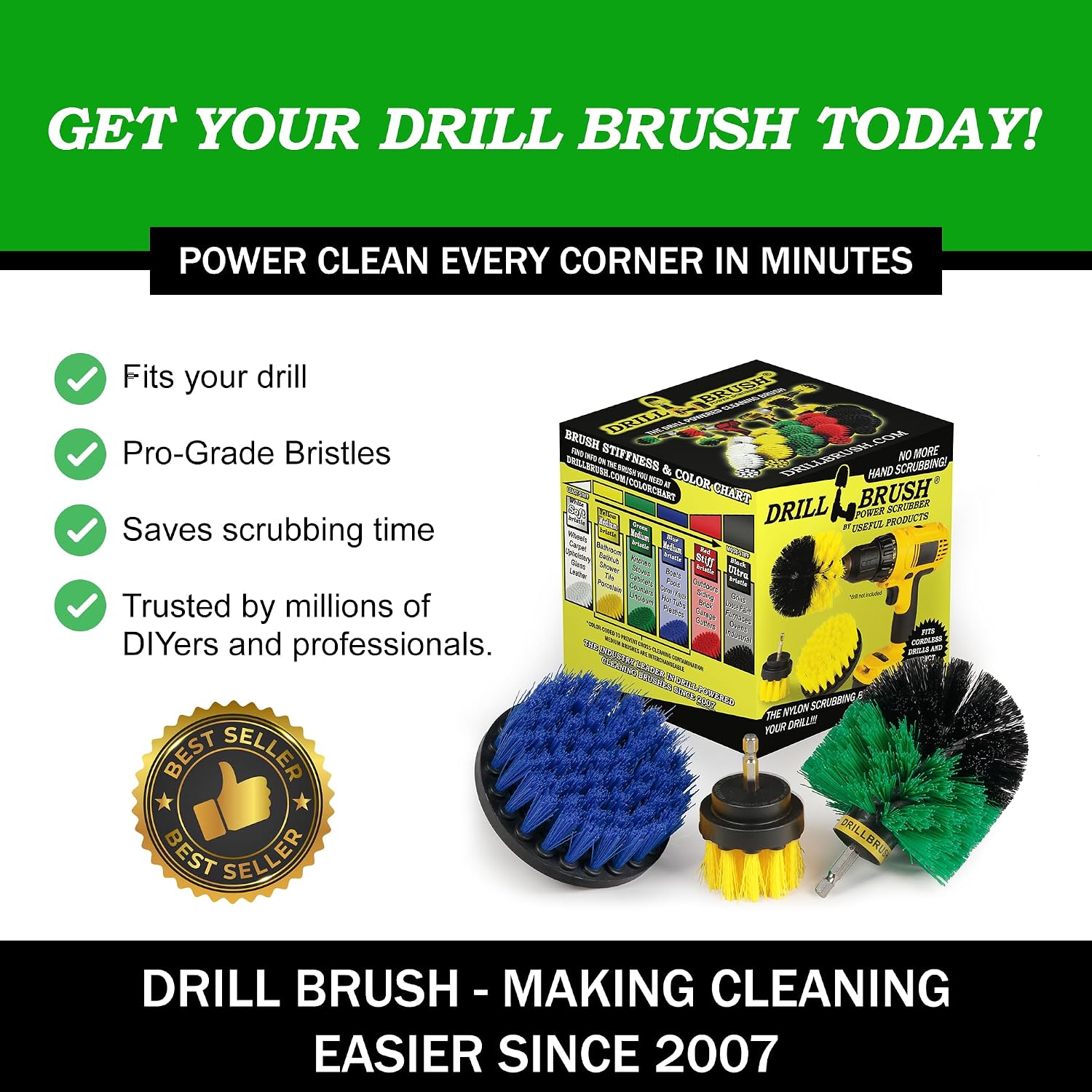 Drillbrush Drill Brush Attachment Set for Bathroom, Tile & Grout Cleaning | Power Scrubber Brush Kit for Bathtub & Shower - All-Purpose Household Cleaning Brushes for Drill - Electric Grout Cleaner Kit