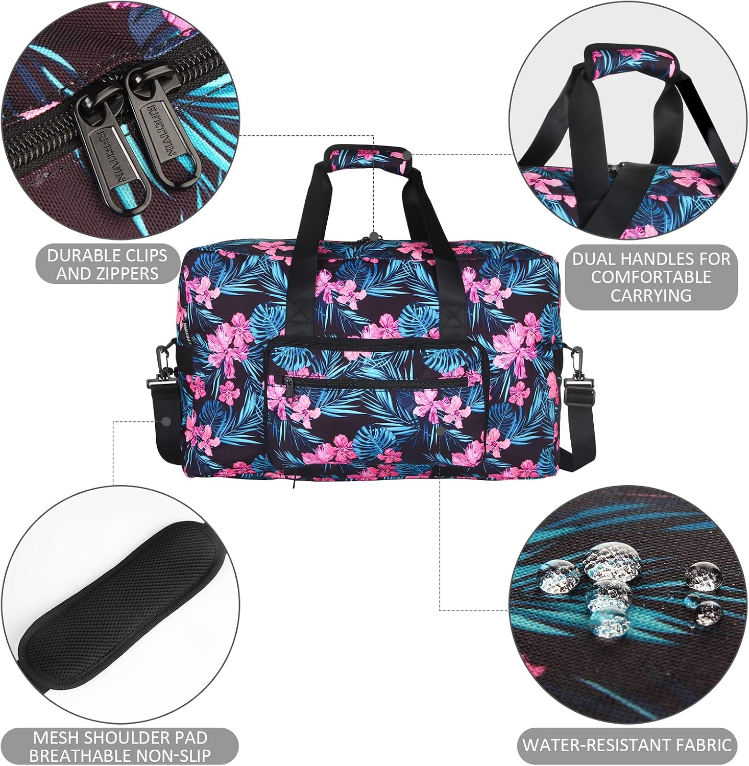 Travel Foldable Waterproof Duffel Bag - Lightweight Carry on Luggage Tote Duffel Bag(Black Floral)