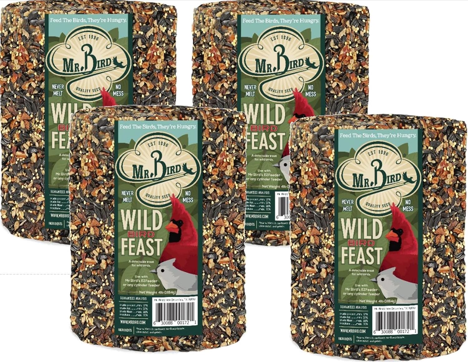 Mr. Bird WildBird Feast Cylinder, 1-Pack, 4 lbs | Wild Bird Seed for Outside Feeders | Premium Blend of Pecans, Sunflower Hearts & Millet | No Mess, No Melt