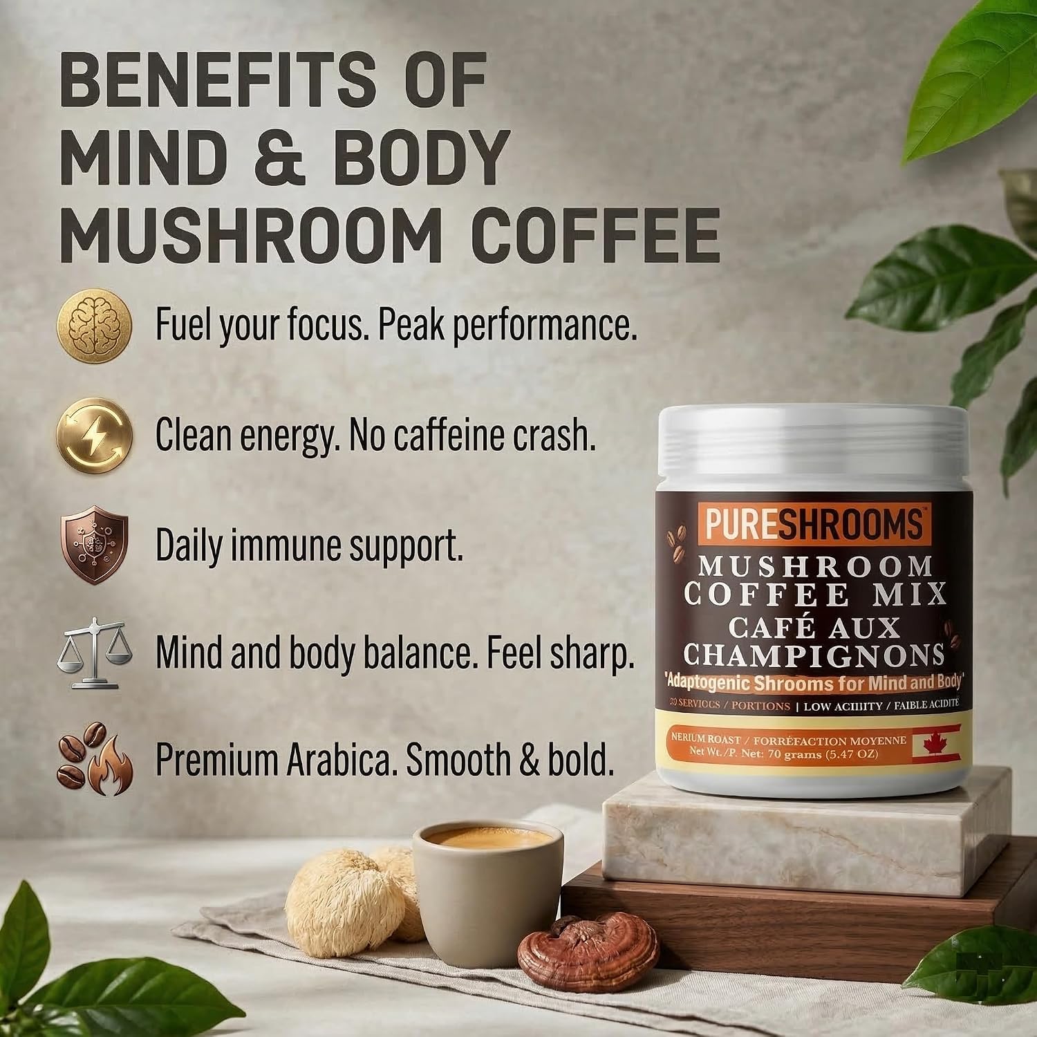 PureShrooms Mind & Body Mushroom Coffee - Instant Colombian Arabica with Organic Lion’s Mane, Reishi & Cordyceps - Low Acidity Nootropic Superfood Beverage for Focus & Vitality, 35 Servings/70g