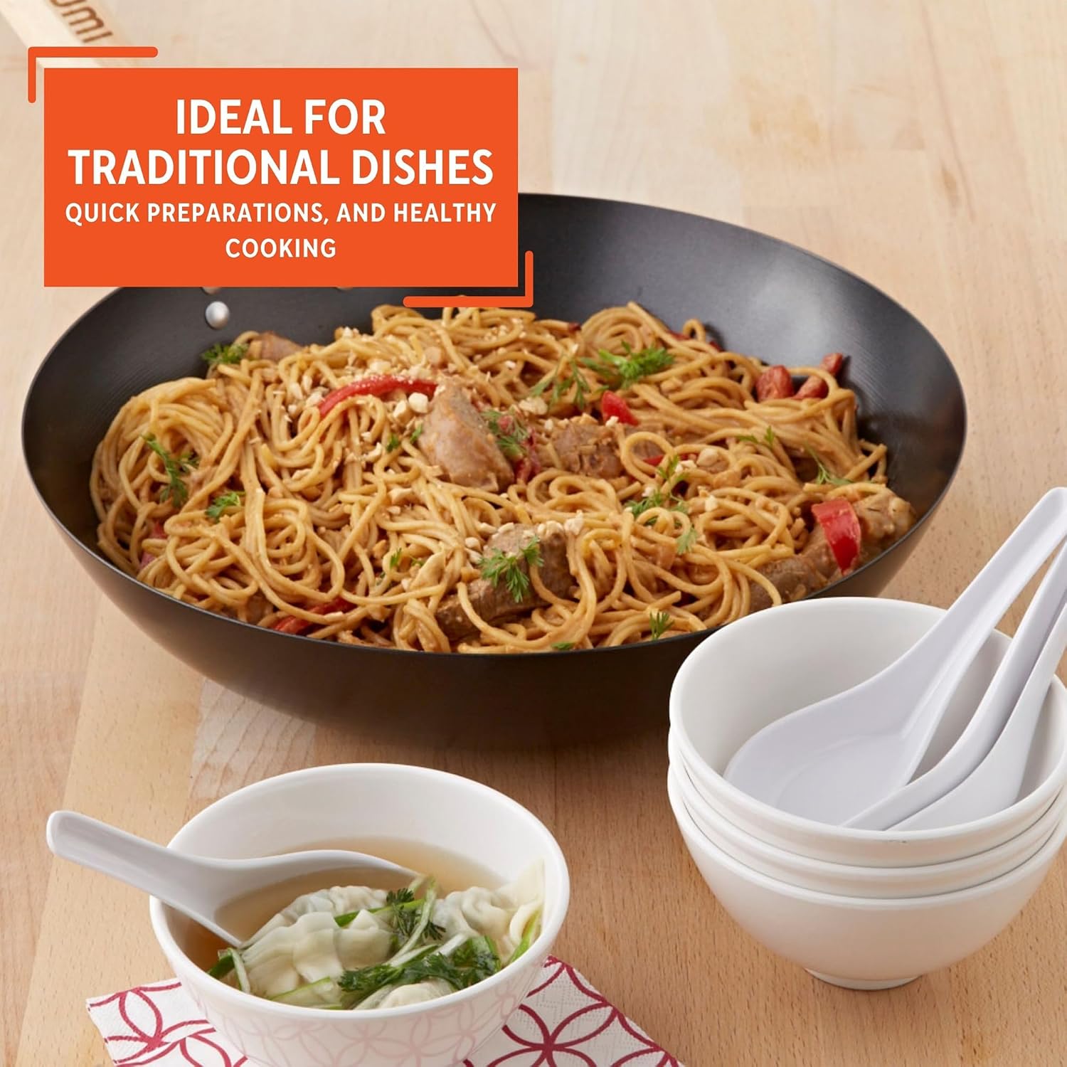 IMUSA 9.5 Inch Carbon Steel Nonstick Wok with Cool-touch Handle, Black | Cool-Touch Handle, Ideal for Stir Fry, Great for Everyday Meals