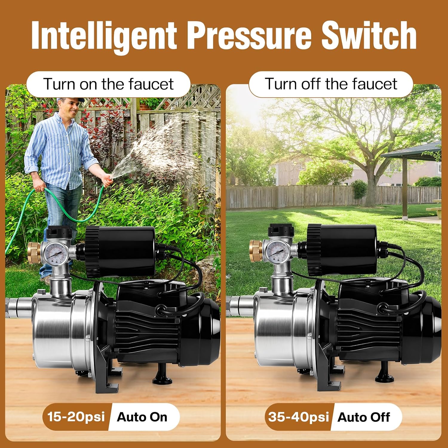 3/4 HP Water Pressure Booster Pump for House, Shallow Well Pump with Pressure Tank, Stainless Steel 1050 GPH 110V Auto On/Off Water Booster Pump