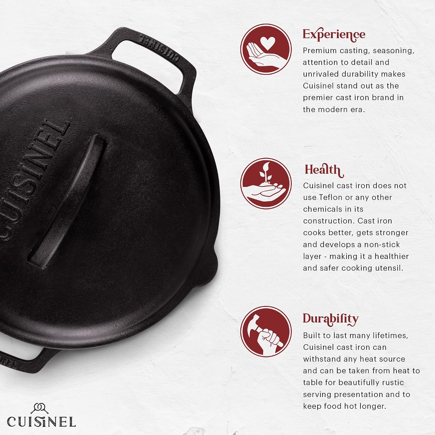 Cuisinel Cast Iron Skillet with Lid - 10"-Inch Pre-Seasoned Frying Pan + Glass Cover + Heat-Resistant Handle Holder - Indoor/Outdoor Use - Grill, Stove, Camp Firepit, Induction - Oven Safe Cookware
