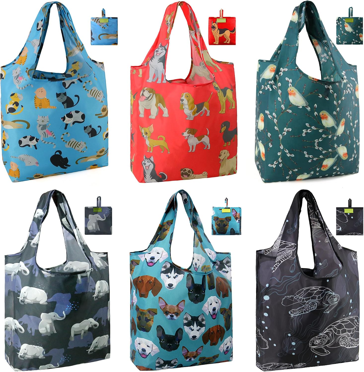 BeeGreen Grocery Bags | Reusable Gift Bags, Large Tote for Women & Foldable Beach Bag - 6 Pack Reusable Bag With Handles | Collapsible Cute Cloth Storage for Market, Holiday & Shopping | Washable​