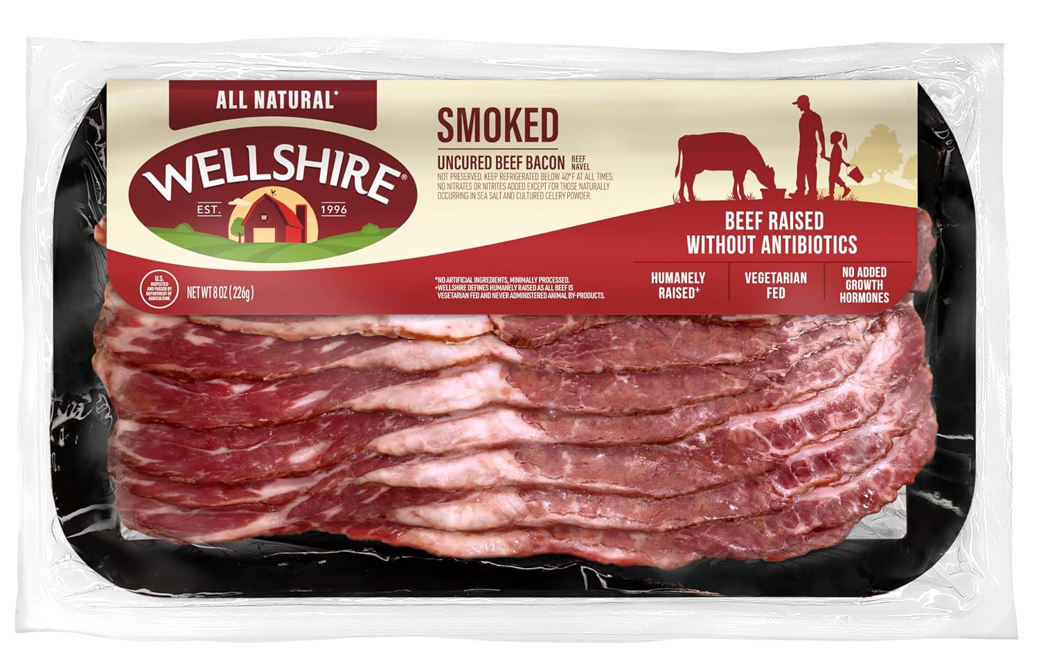 Wellshire Farms 8oz Uncured Smoked Beef Bacon – Made from Pasture-Raised Beef with No Antibiotics or Added Hormones, Bold Flavor and Ready to Serve
