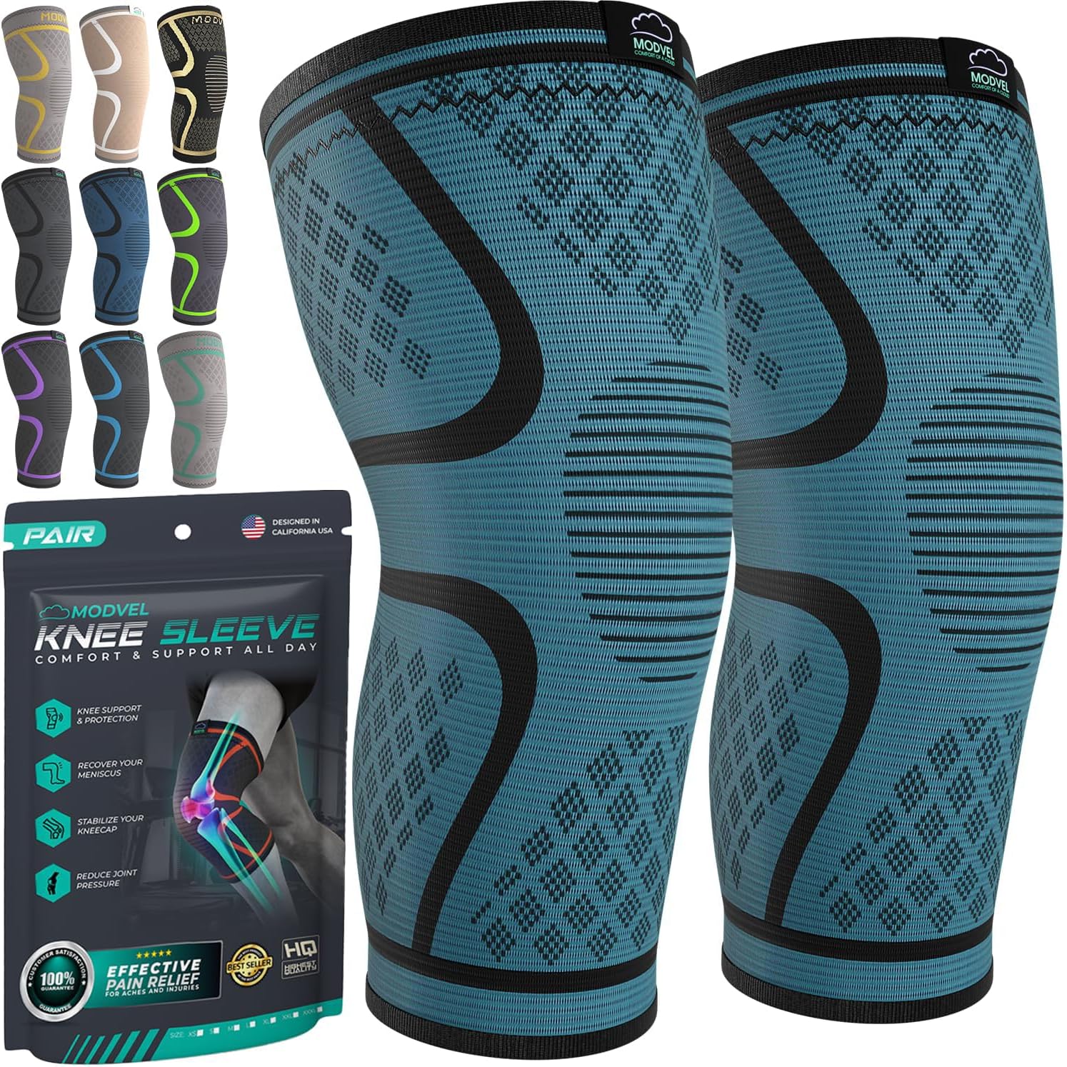 Modvel Compression Knee Brace for Women & Men - 2 Pack Knee Brace for Women Running Knee Pain, Knee Support Compression Sleeve