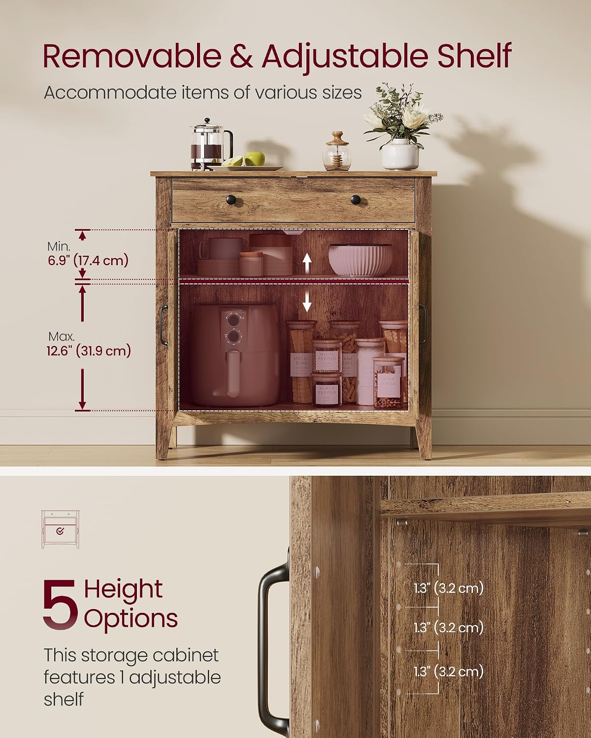 VASAGLE LIRY Collection - Storage Cabinet, Buffet Cabinet, Sideboard, Credenza, with Adjustable Shelves, for Entryway, Rustic White and Honey Brown ULSC381W01