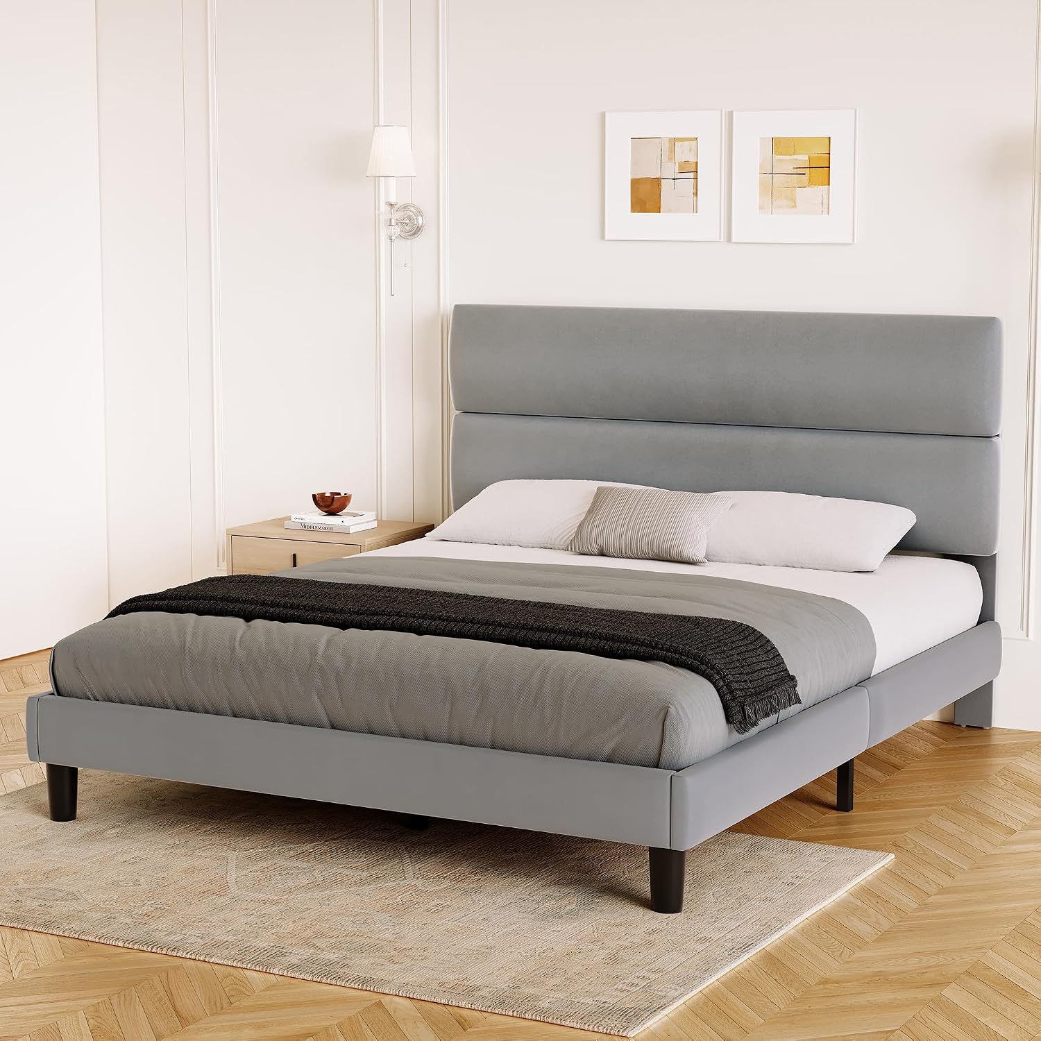 GRUSIGN Queen Size Platform Bed Frame with Velvet Headboard, Adjustable Height Wooden Slats Support, Upholstered Mattress Foundation, Fits Mattress or Mattress with Box Spring, Easy Assembly, Beige