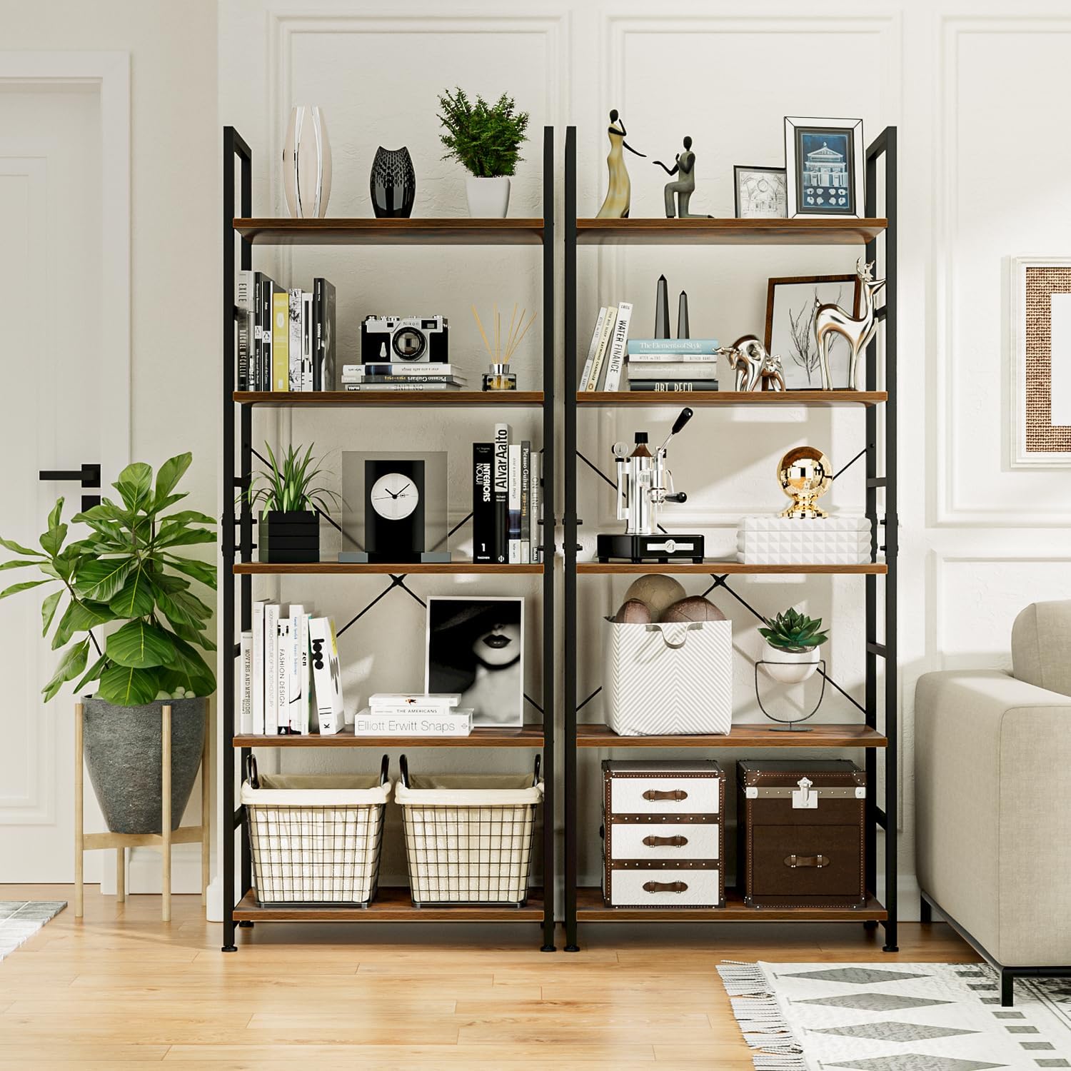 NUMENN 5 Tier Bookshelf, Tall Freestanding Open Storage Bookcase, Vintage