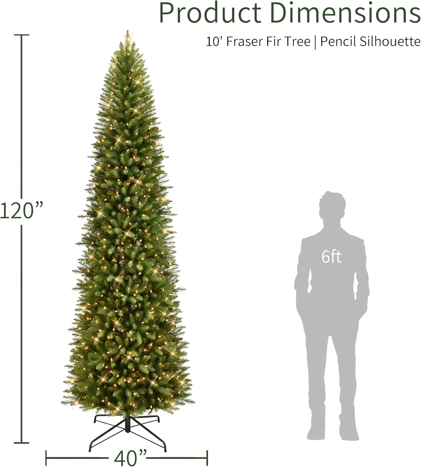 Puleo International 7.5ft Pre-Lit Fraser Fir Pencil Christmas Tree with 350 Clear Lights, 1188 Realistic Dense Branch Tips, Easy Setup Artificial Trees with Sturdy Metal Stand