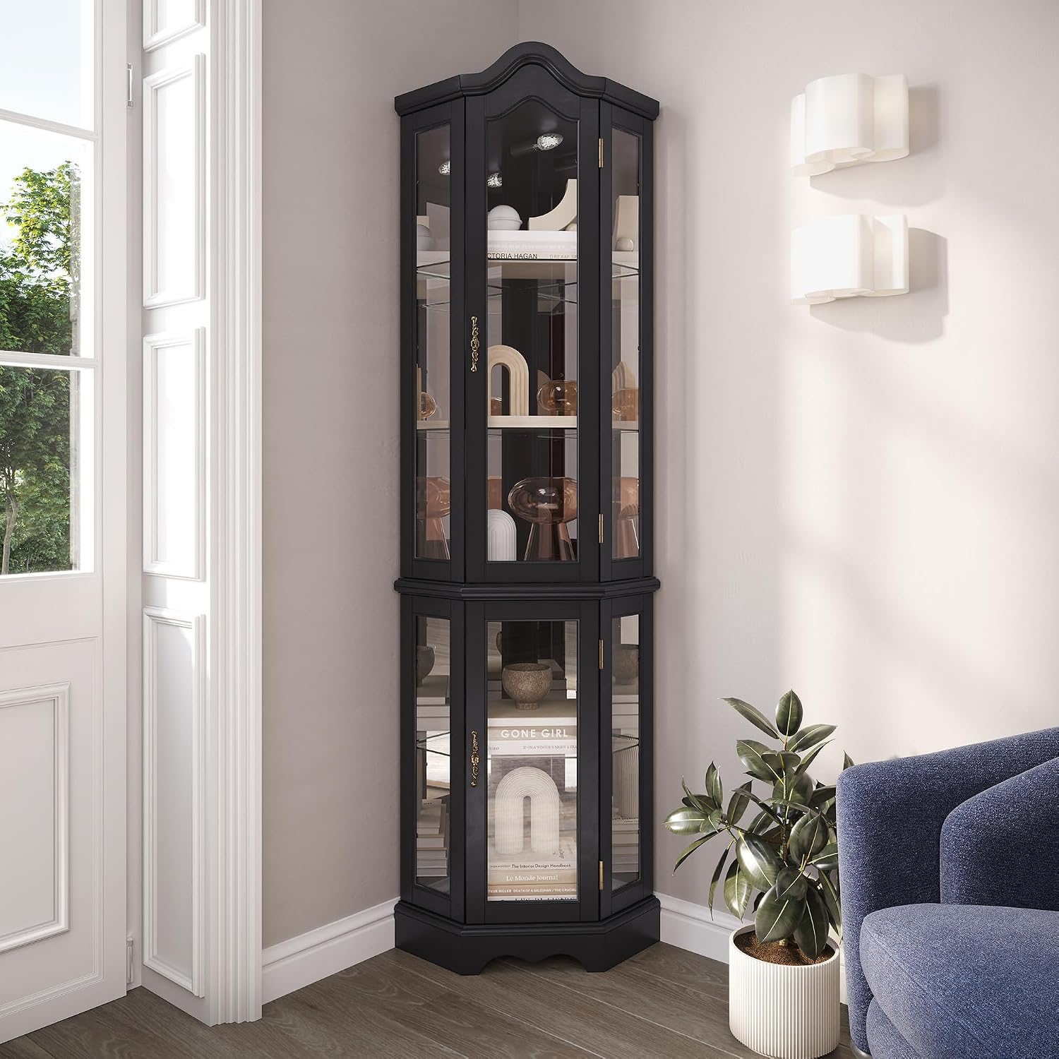 BELLEZE Lighted Corner Display Curved Top Curio Cabinet Wooden Shelving Unit with Tempered Glass Door