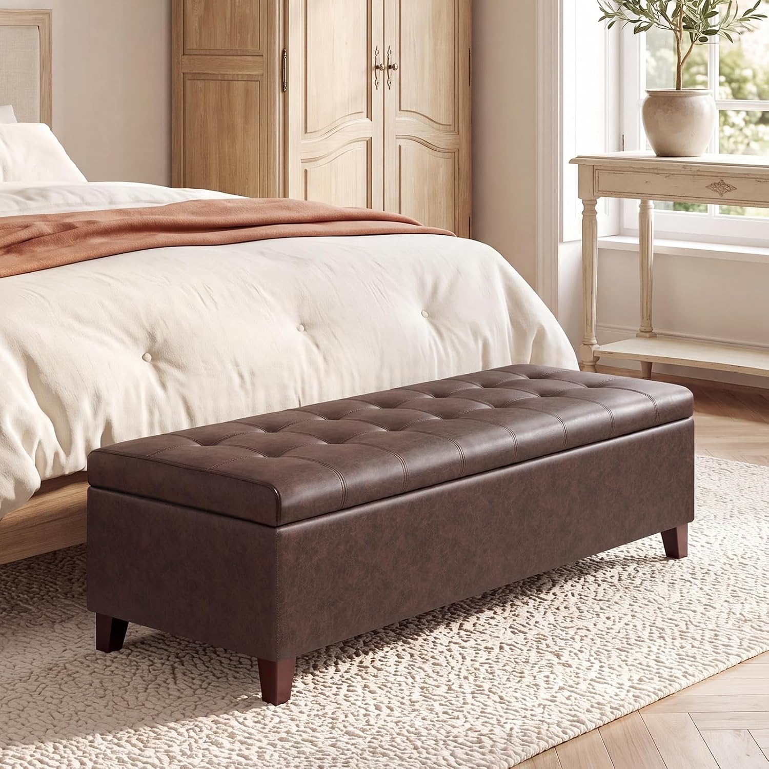 51 Inch Storage Bench,Leather Tufted Storage Ottoman with Legs | Safety Hinges,Wooden Legs,Upholstered,End of Bed,Bedroom,Living Room,Entryway,330LBS,Brown