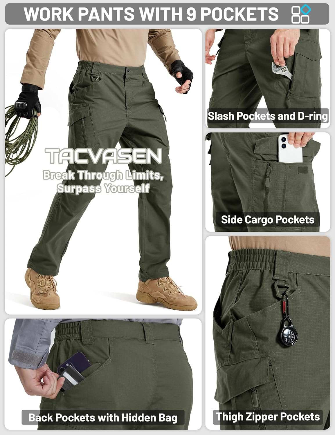 TACVASEN Men's Tactical Pants Waterproof Hiking Work Pants for Men Construction Stretch Cargo Trousers 9 Pockets