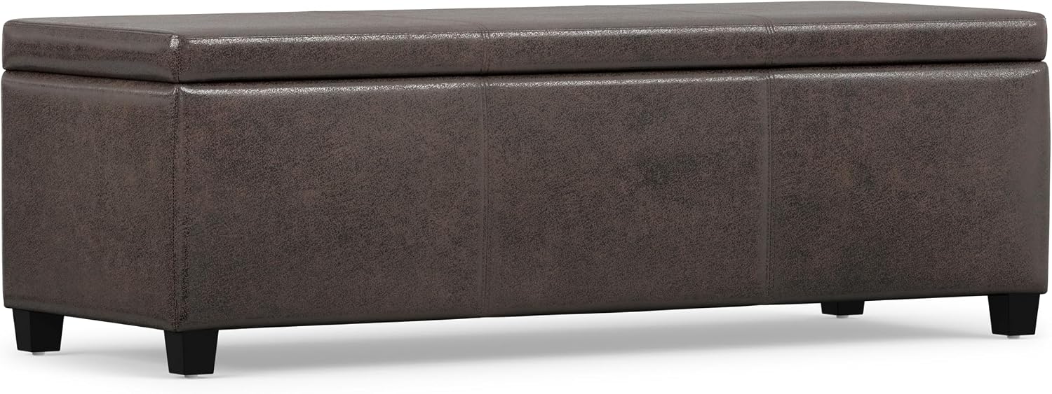SIMPLIHOME Avalon 48" Wide Vegan Leather Storage Ottoman in Brown