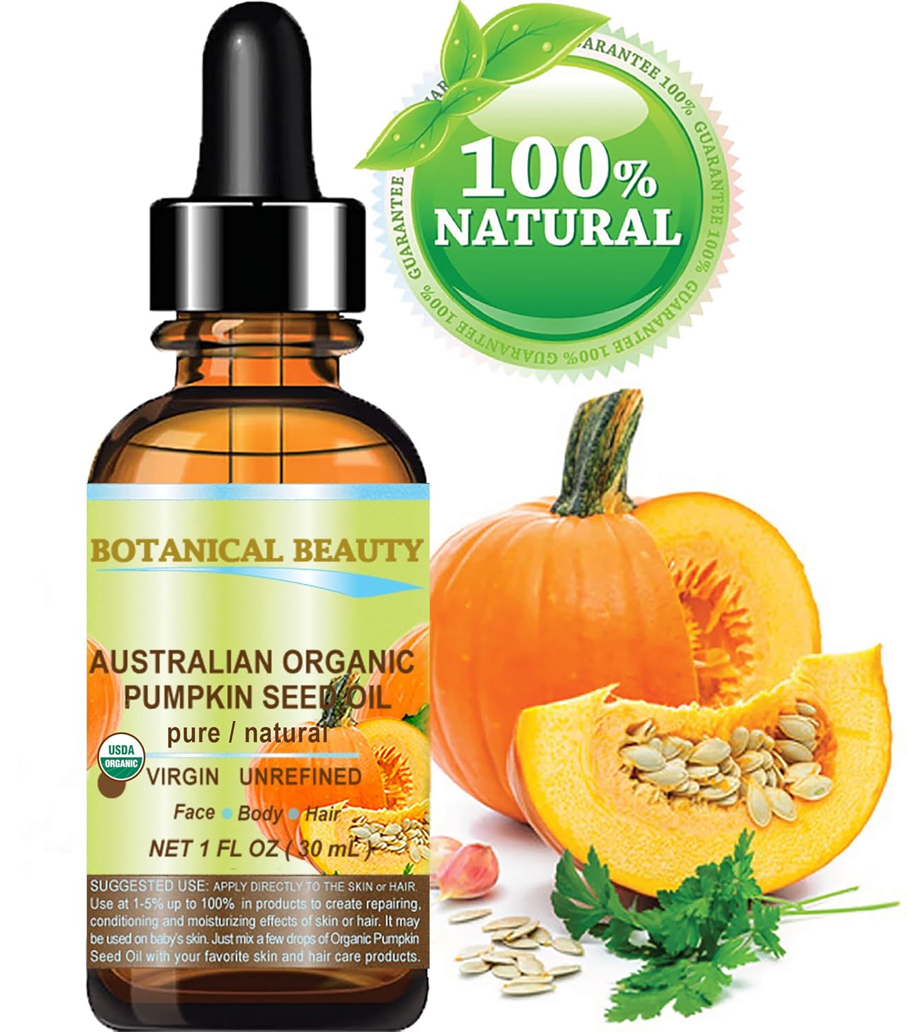 Botanical Beauty Australian ORGANIC PUMPKIN SEED OIL 100% Pure Natural Virgin Unrefined Cold Pressed Carrier Oil. 1 Fl.oz.- 30 ml. for Face, Skin, Hair, Lip, Nails