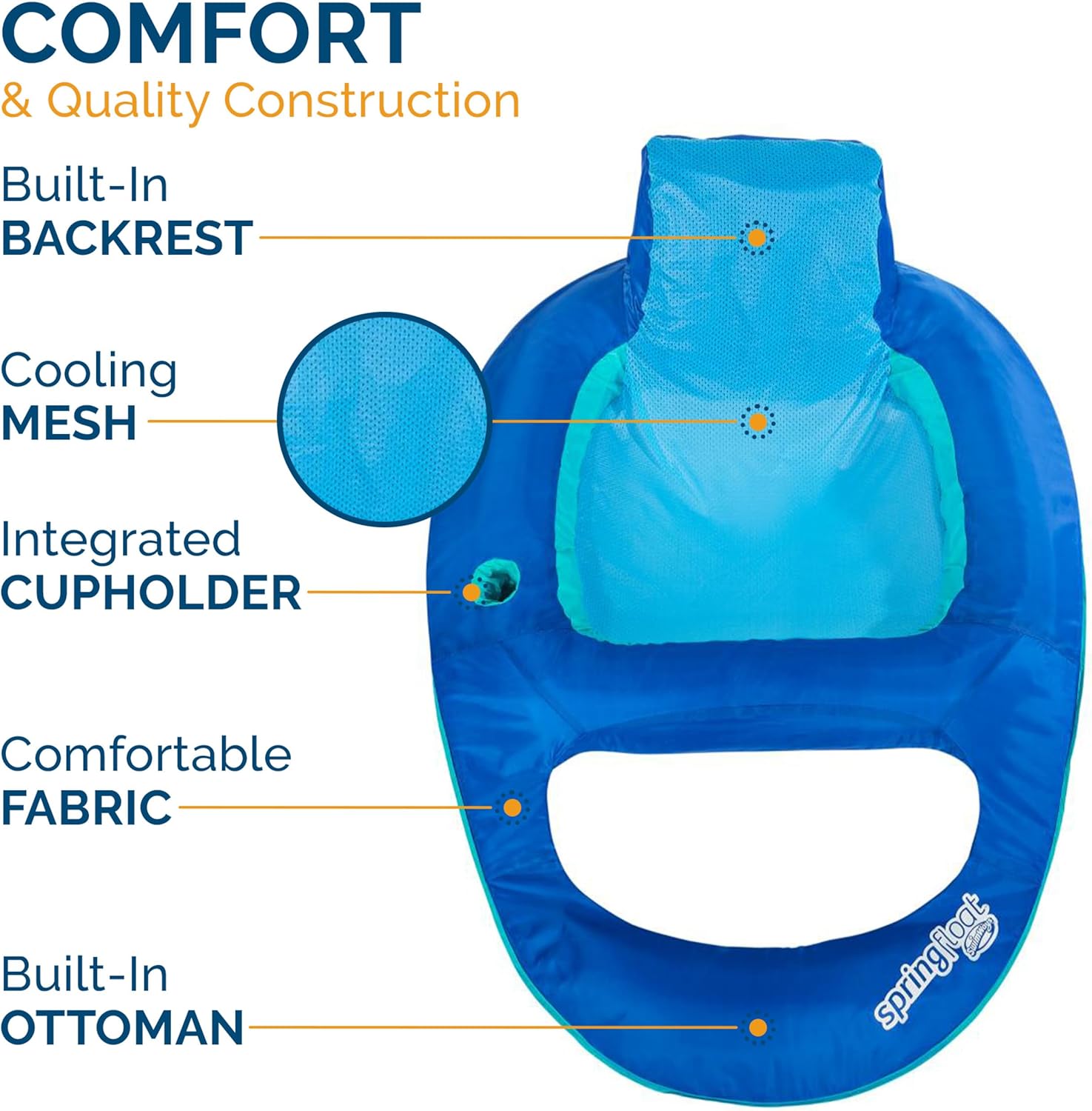 SwimWays Spring Float Recliner Chair for Swimming Pool, Inflatable Pool Floats Adult with Fast Inflation, Cup Holder & Foot Rest for Ages 15 & Up