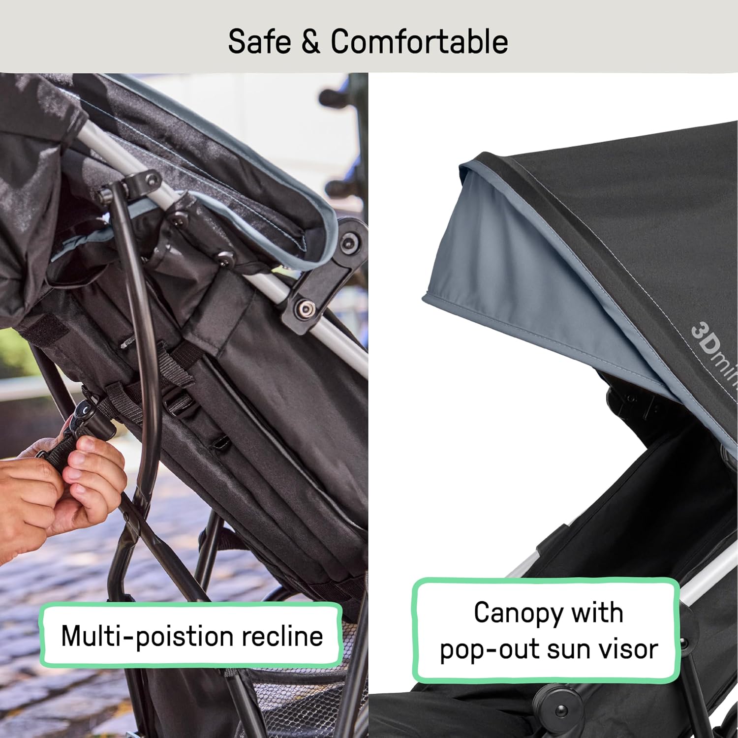 Ingenuity 3D Mini Convenience Stroller – Lightweight Stroller with Compact Fold, Multi-Position Recline, Canopy with Pop Out Sun Visor – Umbrella Stroller for Travel & More, Blue/Black