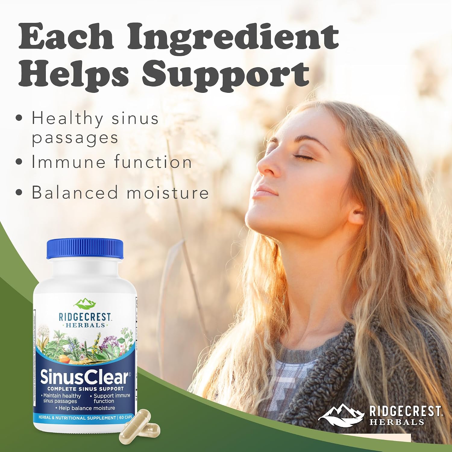 RidgeCrest Herbals SinusClear Mullein Sinus, Nasal and Immune Support 60 Ct | 30 Servings, Mullein Leaf, Bromelain, Vitamin C, Zinc