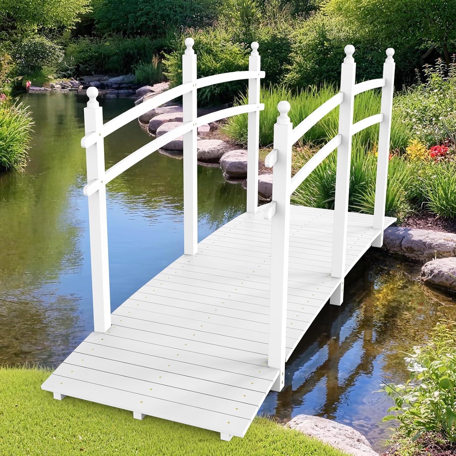 VINGLI 5 ft Garden Bridge, Classic Wooden Arch with Safety Rails Stained Finished Footbridge, Decorative Pond Landscaping, Backyard, Creek or Farm