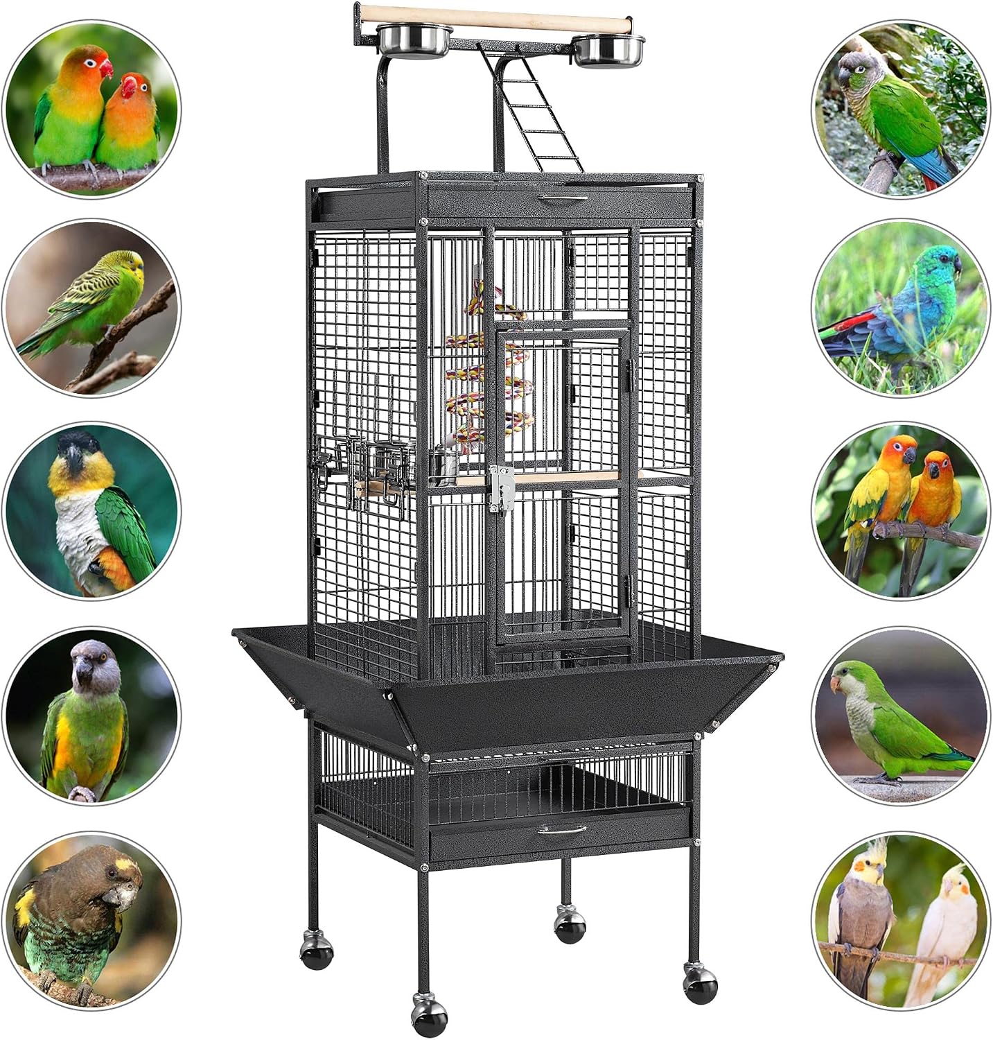 Yaheetech Wrought Iron Bird Cages, Play Top Large Aviary with Stand for Cockatiel Parrot Sun Parakeet Conures Lovebird Budgie Finch African Grey White, 61-inch