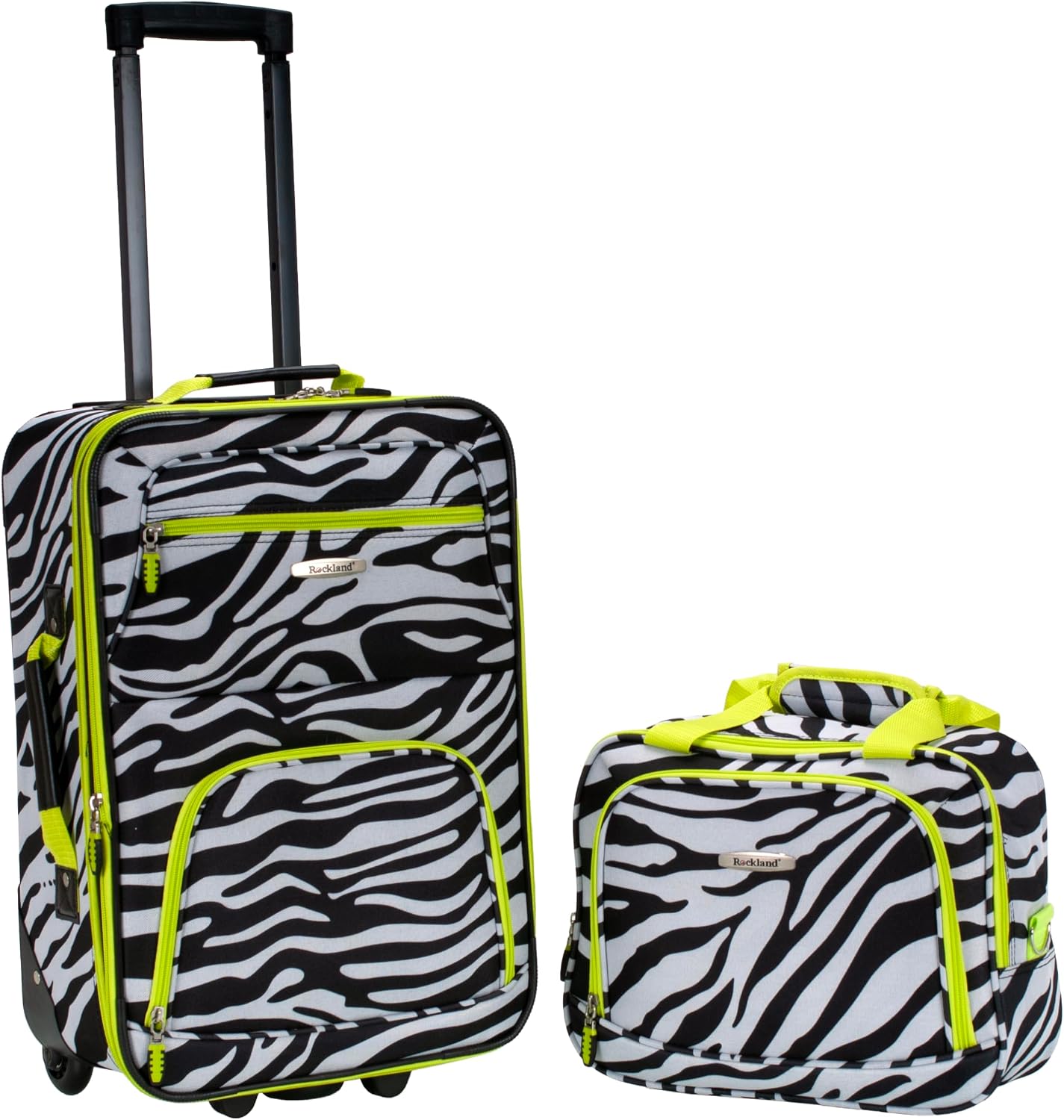Rockland Fashion Softside Upright Luggage Set,Expandable, Telescopic Handle, Wheel, Black Dot, 2-Piece (14/19)