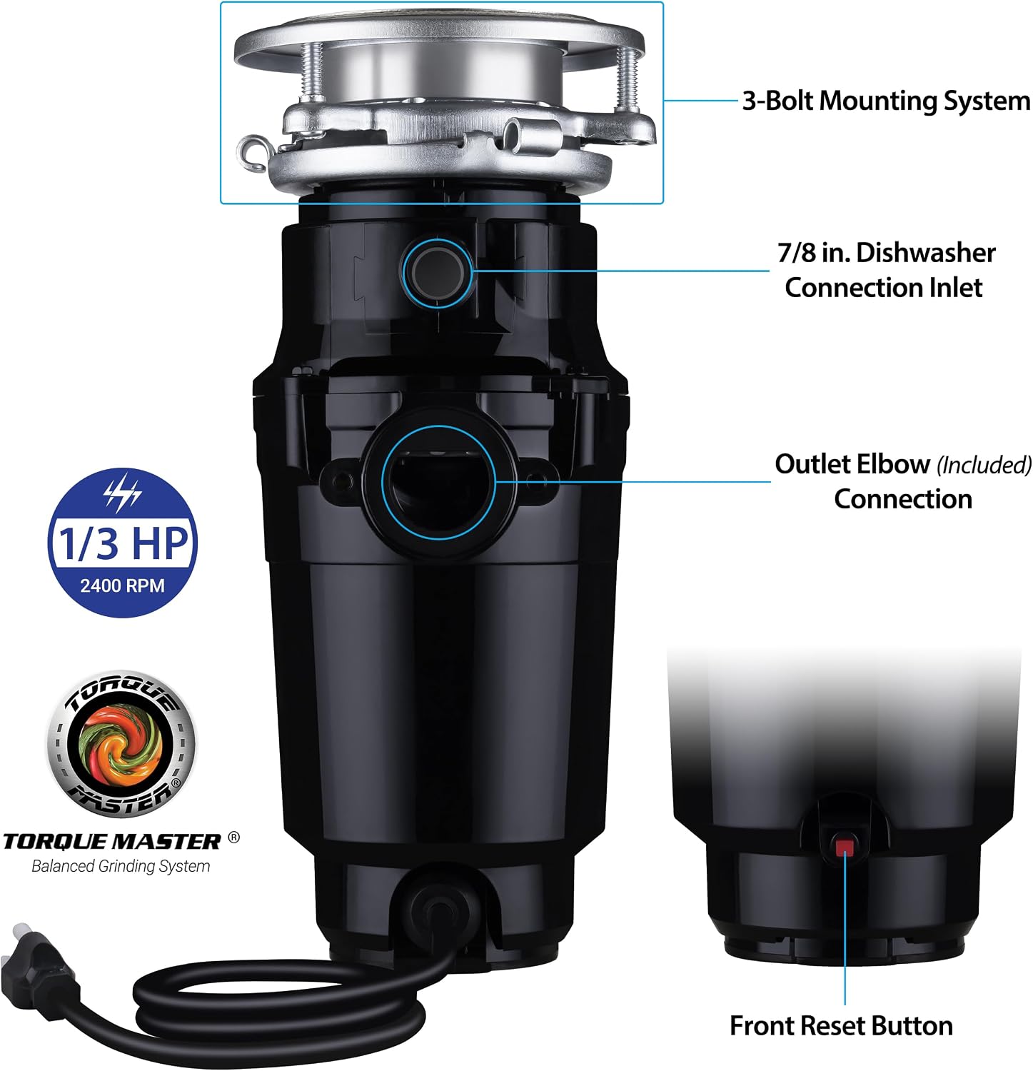 Waste Maid Garbage Disposal, Anti-Jam, Continuous Feed, 1/2 HP Standard | Anti-Jam Stainless Steel Food Waste Grinding System, Quiet Continuous Feed, Easy 3-Bolt Mount, 8-Yr Warranty 10-US-WM-158-3B