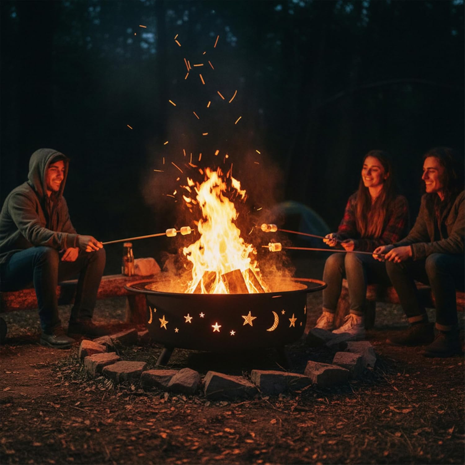 Sunnydaze Cosmic 42" Large Outdoor Fire Pit, Wood Burning, 34" Bowl Dia | Bronze, Heavy Duty Steel Metal, Includes Spark Screen, Wood Grate, & Poker, Round Backyard Firepit for Outside, Patio, Deck