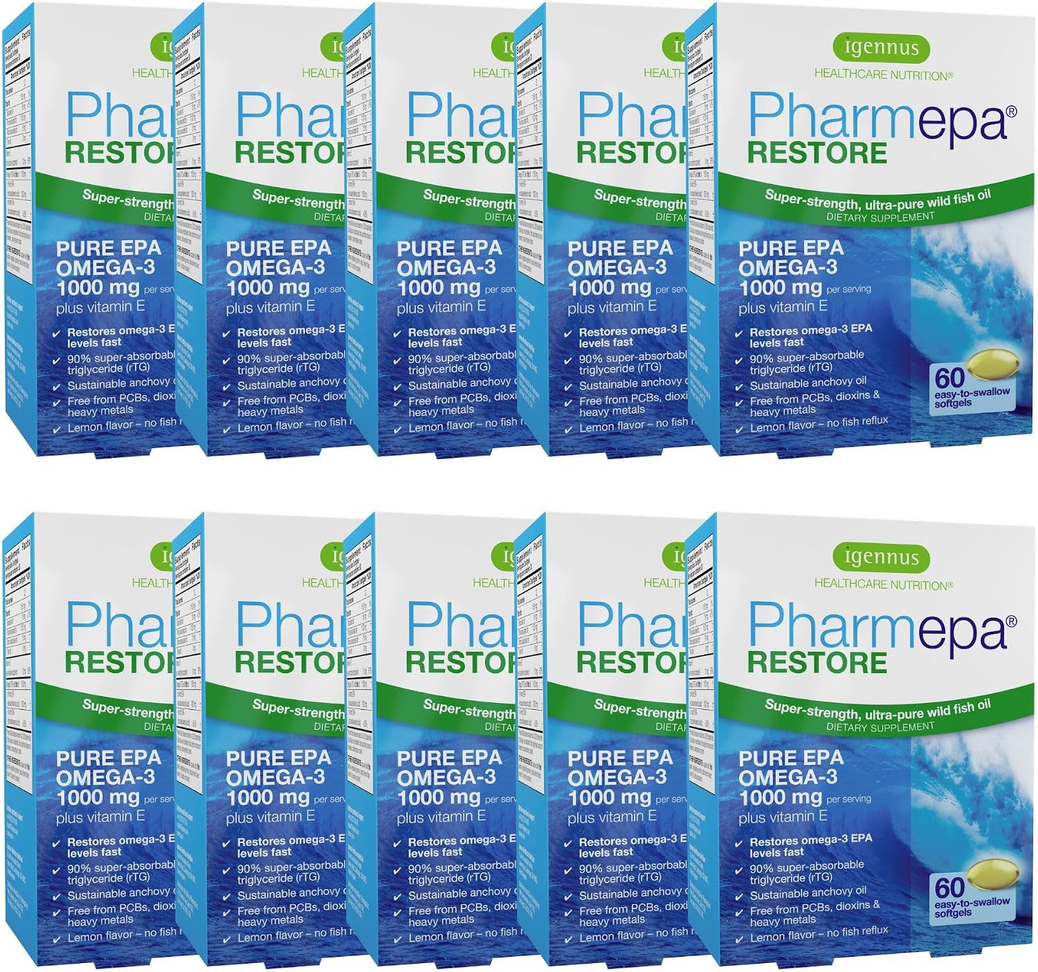 Igennus Pharmepa Restore Pure EPA 1000mg Omega 3, 60 Softgels | IFOS-certified 90% concentrated rTG omega 3 wild fish oil for high absorption; triple-strength, ultra-pure and DHA-free