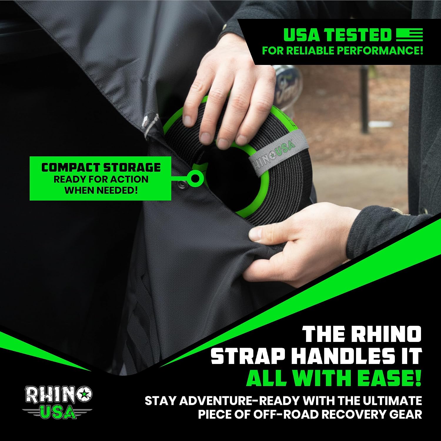 Rhino USA Recovery Tow Strap (3in x 30ft) - 31,518lb Heavy Duty Towing | 31,518lb Break Strength Emergency Tow Strap, Extended 30ft Length. For Truck, UTV, ATV & Jeep Offroad Recovery. Black