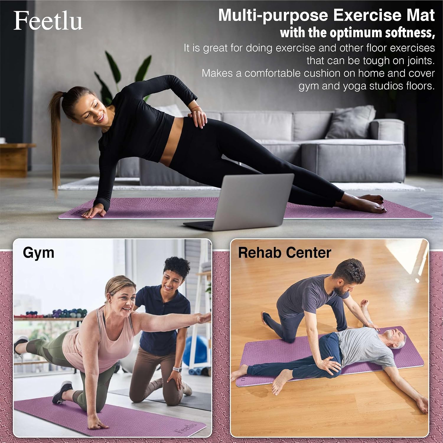 Extra Thick Yoga Mat with Carry Strap, 10mm Non-Slip Exercise Mat, 72 x 24 Inch Cushioned Workout Mat for Yoga, Pilates, Stretching & Floor Exercises