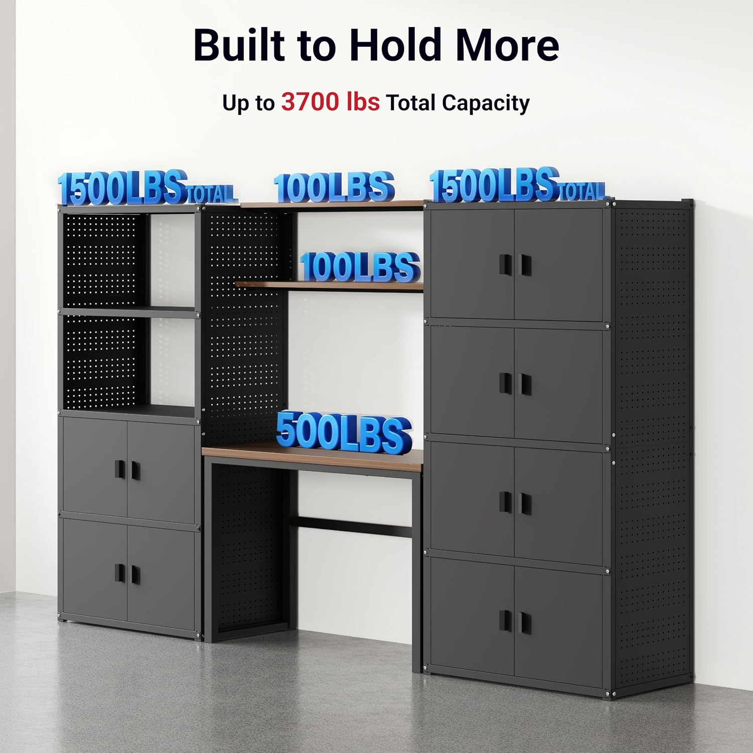 FLEXIMOUNTS 117"W Modular Garage Storage Cabinet with Workbench, Black | 6 Doors, 3700lbs capacity, Metal board shelf includes pegboard, 3-in-1 metal tool cabinet, 24-gauge steel, FLEXIMOD Series