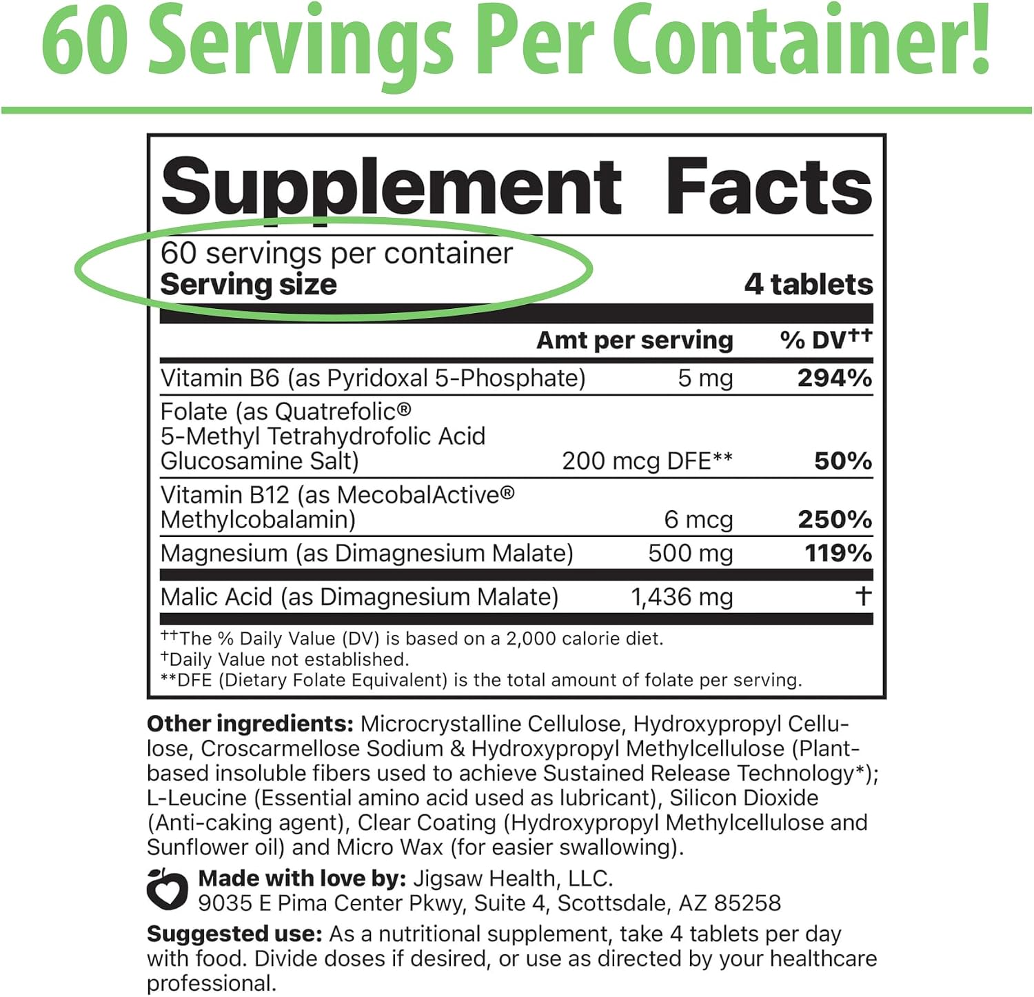 Jigsaw Health MagSRT | Magnesium Supplement with Vitamin B6, Folate & B12 | 240 Tablets | 60 Servings