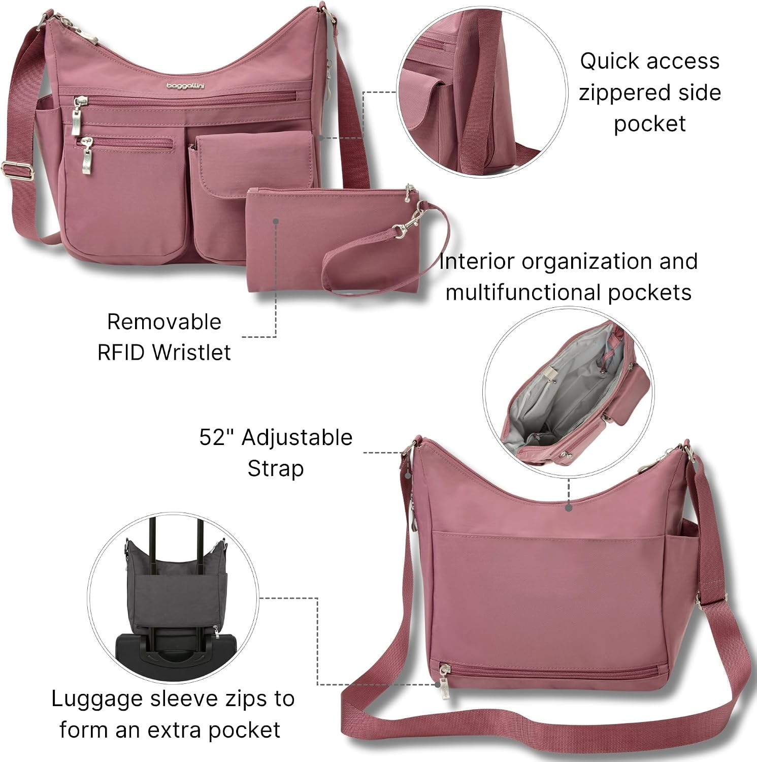 Baggallini womens Everywhere Bagg Crossbody Women 11x9 Lightweight Nylon Hobo Water-resistant Travel Bag W/Rfid